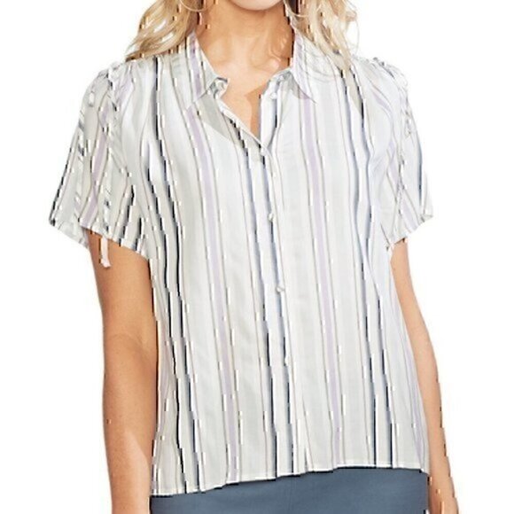 NEW NWT VINCE CAMUTO Stripe Drawstring Button Up Shirt Cream Ivory Green Purple - Picture 1 of 8